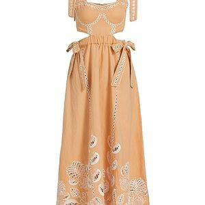 FARM Rio Tan and White Eyelet Maxi Dress